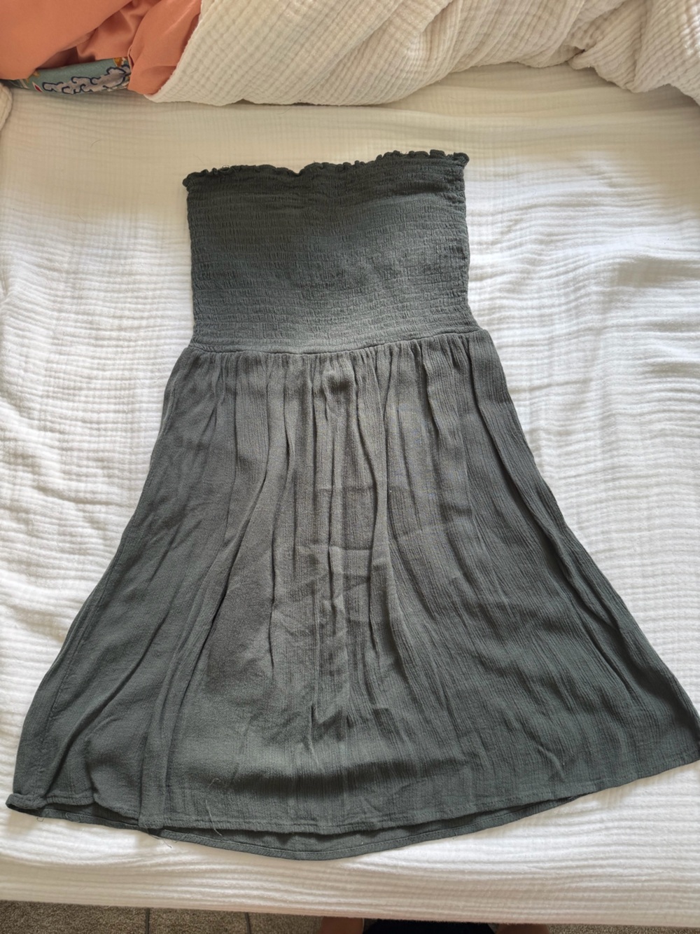 Women's Olive Green strapless Smocked mini Dress
